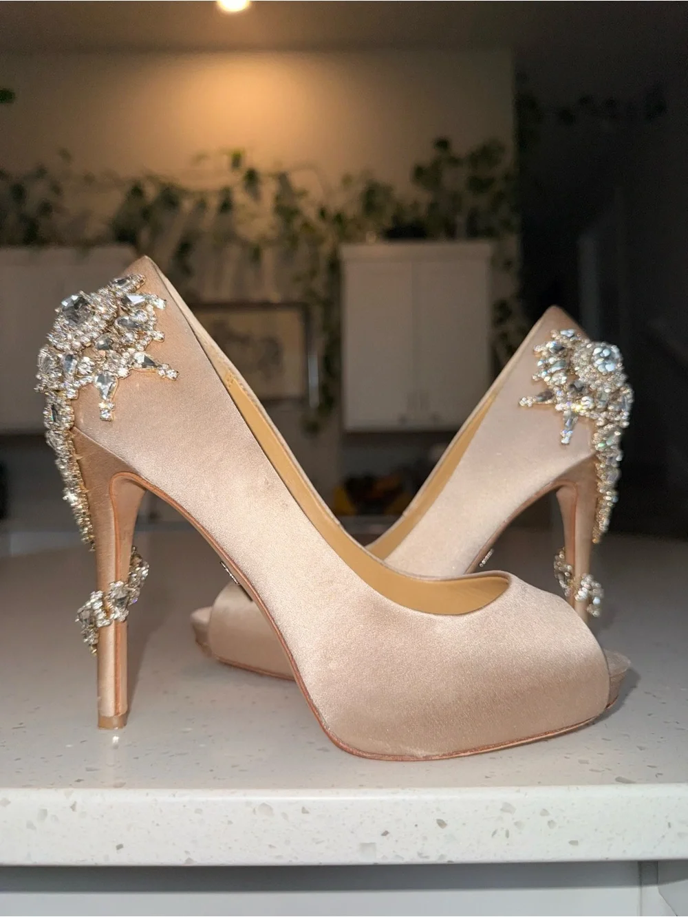 Badgley Mischka Rose Gold Satin Peep-Toe Heels with Crystal Brooches